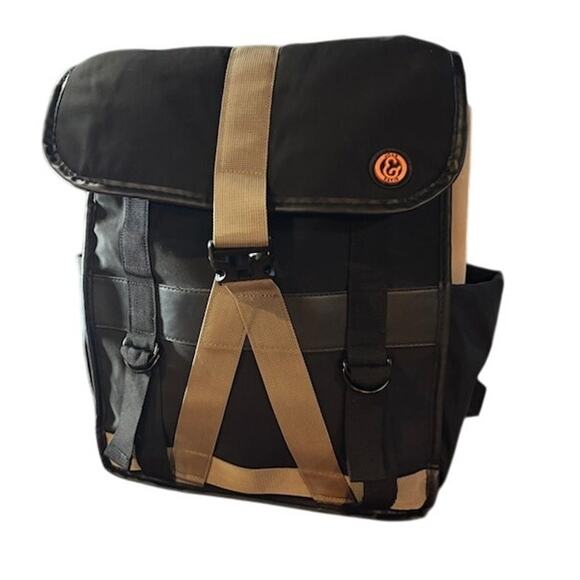 Joan & David backpack day sling bag black tan padded straps nylon drawstring - Picture 1 of 14